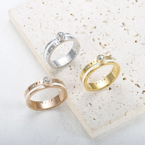 Roman Numeral Stainless Steel Ring Zirconia Inlaid White Enamel Band Ring Fashion Jewelry For Women Men Gold Silver