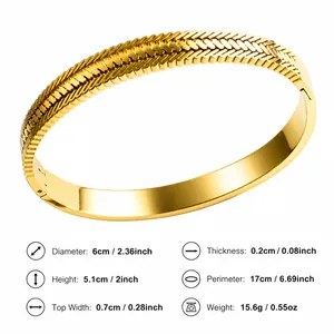 Elegant gold stainless steel bangle with textured fishbone pattern and size dimensions