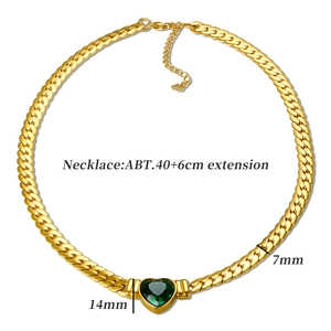 Close-up of gold Cuban chain necklace with green heart-shaped zircon pendant and dimensions