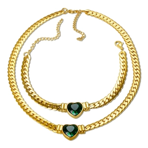 Golden curb chain jewelry set with heart green stone necklace and bracelet for women