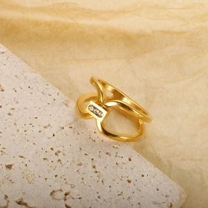 Geometric gold titanium steel ring with double-layered curves and micro-inlaid zircon