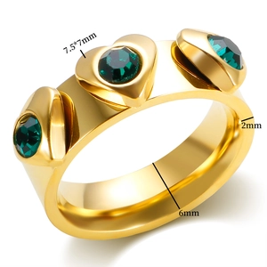 Macro view of 18K gold plated heart ring with green crystals and detailed dimensions
