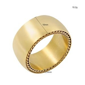 Bague large minimaliste en acier doré, largeur 10mm, poids 10,2g, finition polie chic