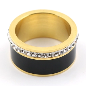 Klassieke goudkleurige titanium ring met zwart email en zirkonia-inleg