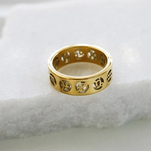 Polished gold zodiac openwork wide band ring featuring twelve astrological symbols
