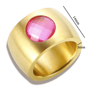 Bague en acier inoxydable doré brossé de 14mm avec une pierre ronde rose