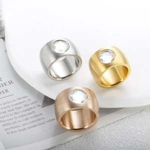 Bague Large en Acier Inoxydable Style Occidental pour Femmes Texture Brossée Plaquée Or Argent Strass Bague de Doigt Tendance