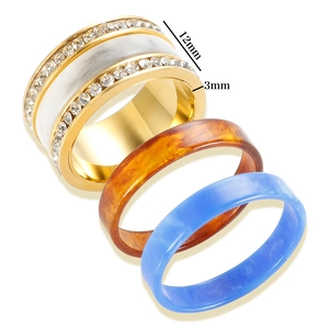Three-piece titanium steel ring set with 12mm gold band, resin rings and white crystals