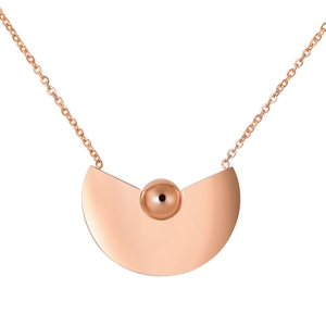 Détail du pendentif demi-cercle en or rose avec une bille sur chaîne croisée fine