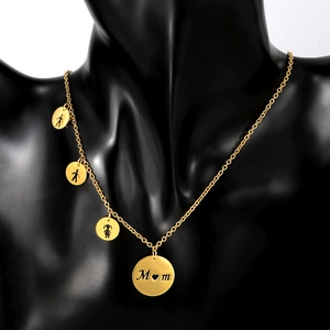 Collier en acier titane doré avec pendentif Mom et silhouettes d'enfants