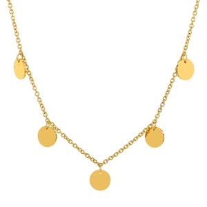 Collier minimaliste en acier titane doré avec cinq pendentifs pièces lisses circulaires
