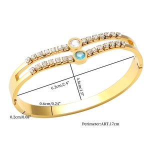 Detailansicht des goldenen Titanarmbands mit Kristallpavé und blauem Stein und Abmessungen