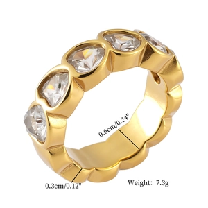 Detail view of golden irregular geometric ring with triangular cz stones and size specs