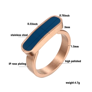 Dettaglio dell'anello in acciaio al titanio dorato con smalto blu e misure dimensionali