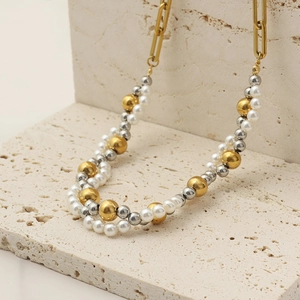 Elegante Set Di Gioielli In Acciaio Inossidabile E Künstliche Perle Sintetiche Per Donna Catena A Graffetta A Doppio Strato Collana E Bracciale Con Perline Oro Argento