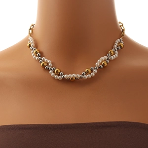 Collana a doppio strato intrecciata con perle finte e perline oro e argento