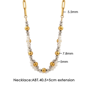 Collana doppia lusso con perle miste, perle di metallo oro-argento e catena a graffetta