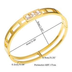 PVD 18K gold plated open bangle with hollow rectangular design and three square zircons