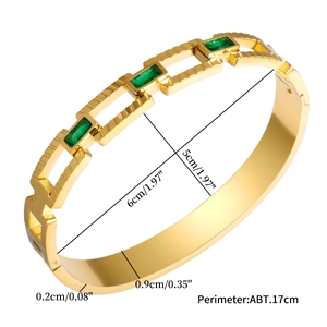 Titanium steel emerald green zircon bangle in 18k gold plating with size dimensions