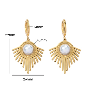 Detailed dimensions of gold sunburst drop earrings featuring white pearl inlay and hoops