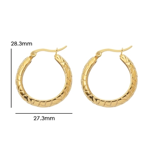 Detailed size view of gold U-shaped earrings with textured pattern 28.3mm height