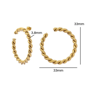 Detailed view of twisted gold hoop earrings with dimensions 33mm diameter and 3.8mm width