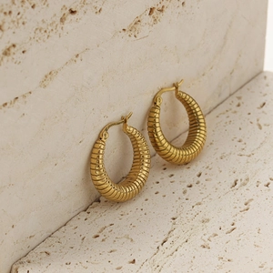 18K gold plated stainless steel U-shaped hoop earrings with textured spiral design