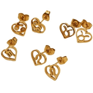 Minimalist gold-plated stainless steel zodiac stud earrings set with heart-shaped cutouts