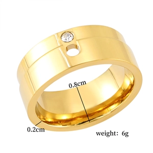 Macro detail of 8mm wide gold stainless steel ring with zircon stone and dimensions