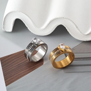 Minimalist wide band stainless steel rings with pear-cut zircon in silver and gold colors