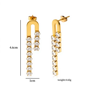 Detail view of gold stainless steel earrings with 4A zircon and 4.6cm dimension labels