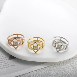 Dettaglio di anelli geometrici traforati nelle finiture oro rosa, oro e argento