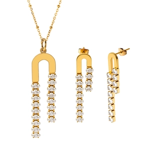 Elegant gold stainless steel jewelry set with double-row 4A zircon U-shaped necklace and earrings