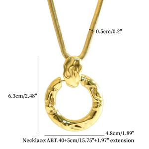 Macro view of gold lava texture pendant with detailed dimensions on a sleek snake chain