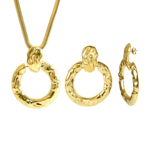 Golden textured hoop earring and ring pendant necklace set with vintage hammered finish