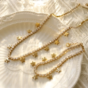 Set di Gioielli Pendente Stella in Acciaio Inossidabile Collana Bracciale a Catena Tennis Strass Oro PVD Gioielli Stella
