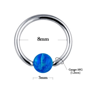 Polished silver 16G captive bead ring with 3mm blue opal stone and 8mm diameter