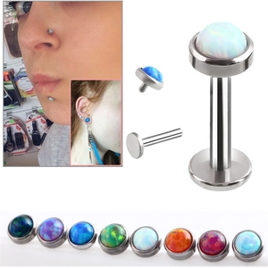 Detailansicht der Opal-Lippenstecker aus Edelstahl mit Innengewinde und Farbauswahl