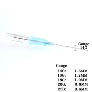 Sterile stainless steel 14G piercing needle catheter with size chart for body jewelry