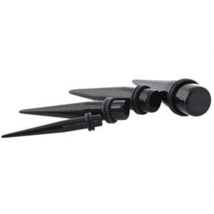 Black acrylic ear stretching taper kit with double rubber O-rings in graduated sizes