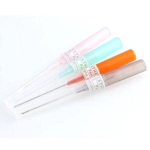 Detailed view of four sterile stainless steel piercing needles with color-coded caps