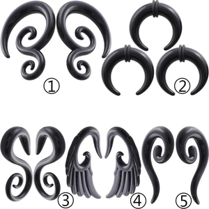 Black acrylic snail ear tapers and spiral gauges set in five unique artistic shapes