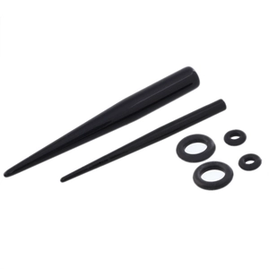 Pair of black acrylic ear tapers with rubber O-rings shown from a 45-degree angle