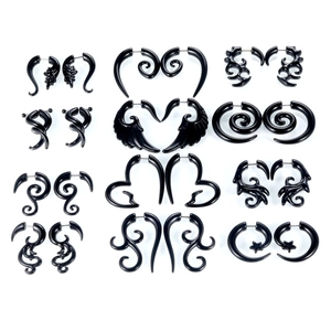 Vue détaillée de 12 paires d'écarteurs d'oreilles noirs en acrylique aux motifs gothiques
