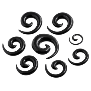 Black acrylic spiral ear tapers set in multiple sizes for ear stretching body piercing