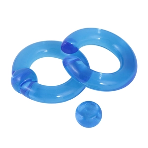 Detailed view of blue translucent acrylic captive bead ring set for body piercing