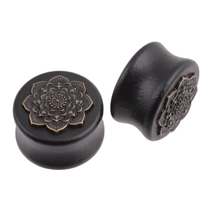 Vintage wooden mandala flower ear plugs with bronze patterns for stretched lobes