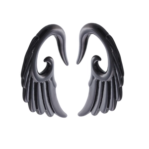 Pair of glossy black acrylic feather wing ear spiral tapers and tunnel expanders