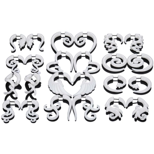 Lot de 10 paires d'écarteurs d'oreilles en acrylique blanc avec motifs cœur et spirale