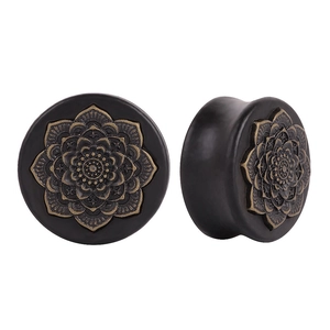 Mandala wood ear plugs pair with vintage flower design shown from front and side angles
